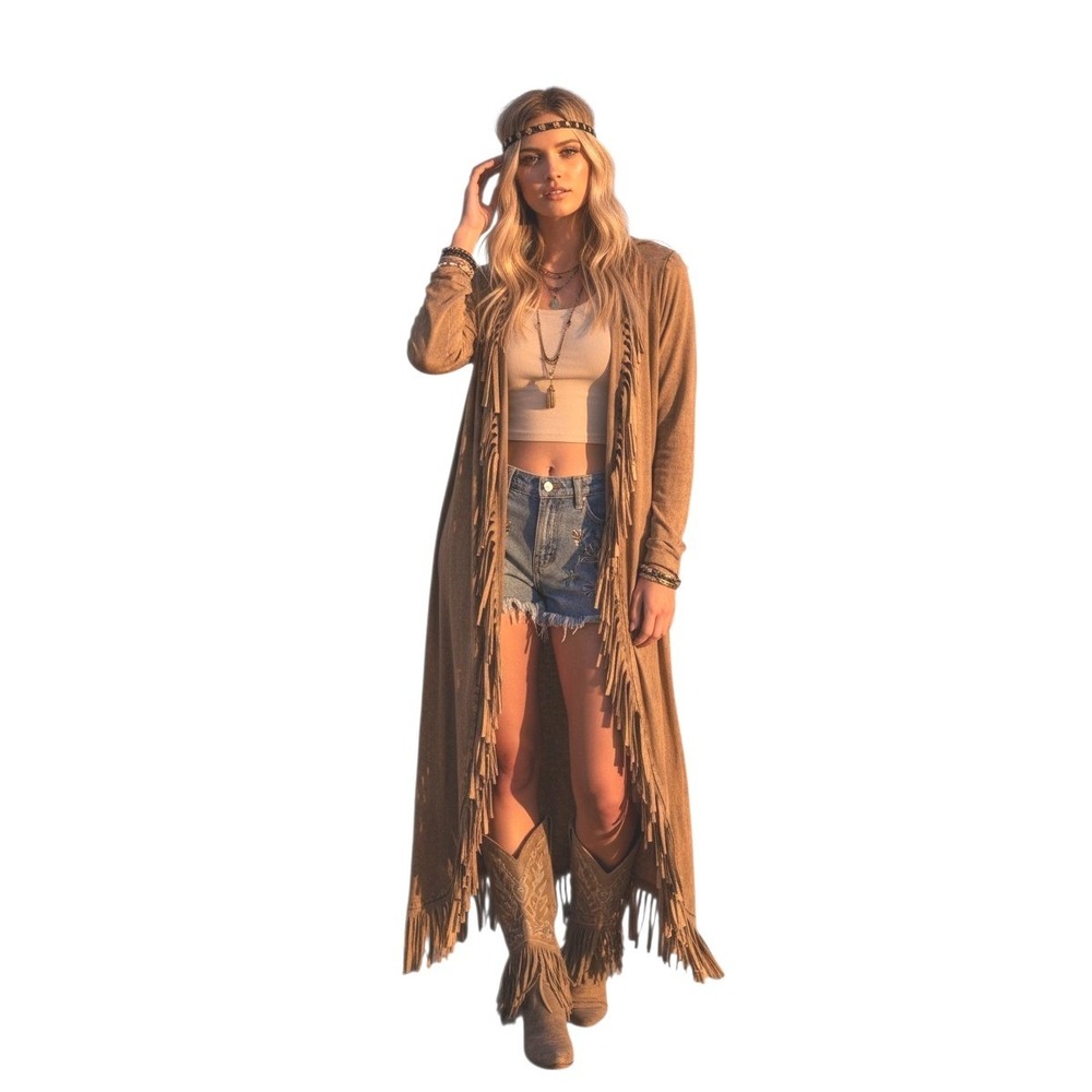 T-Party Festival Mineral Wash Fringe Womens size XL Cardigan Duster Grungecore